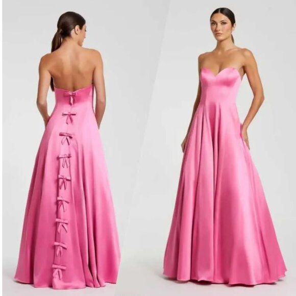 Mac Duggel Pink Strapless Satin Ballgown With Bow Details Size 0 (XS) NWOT - Picture 1 of 7